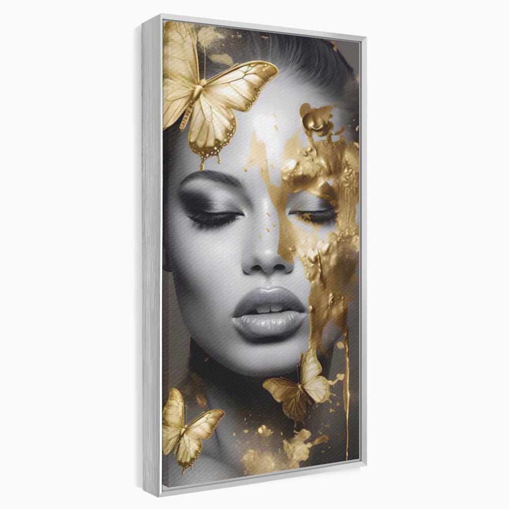 Tablou canvas cu tablou canvas cu portret de femeie si fluturi aurii, in rama de aluminiu argintiu